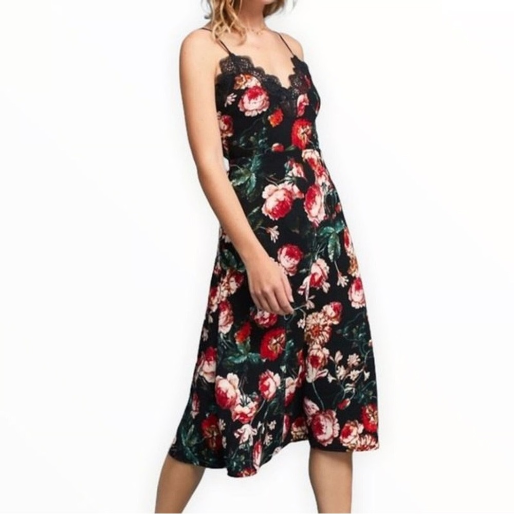 Anthropologie Foxiedox Floral Velvet Slip Midi Dress Black Lace Trim Romantic